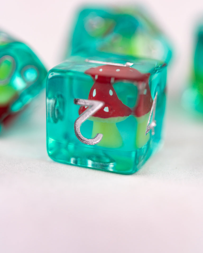 Shroom and Gloom | Toadstool | 7 Piece Acrylic Inclusion Dice Set - Emberglow Gaming