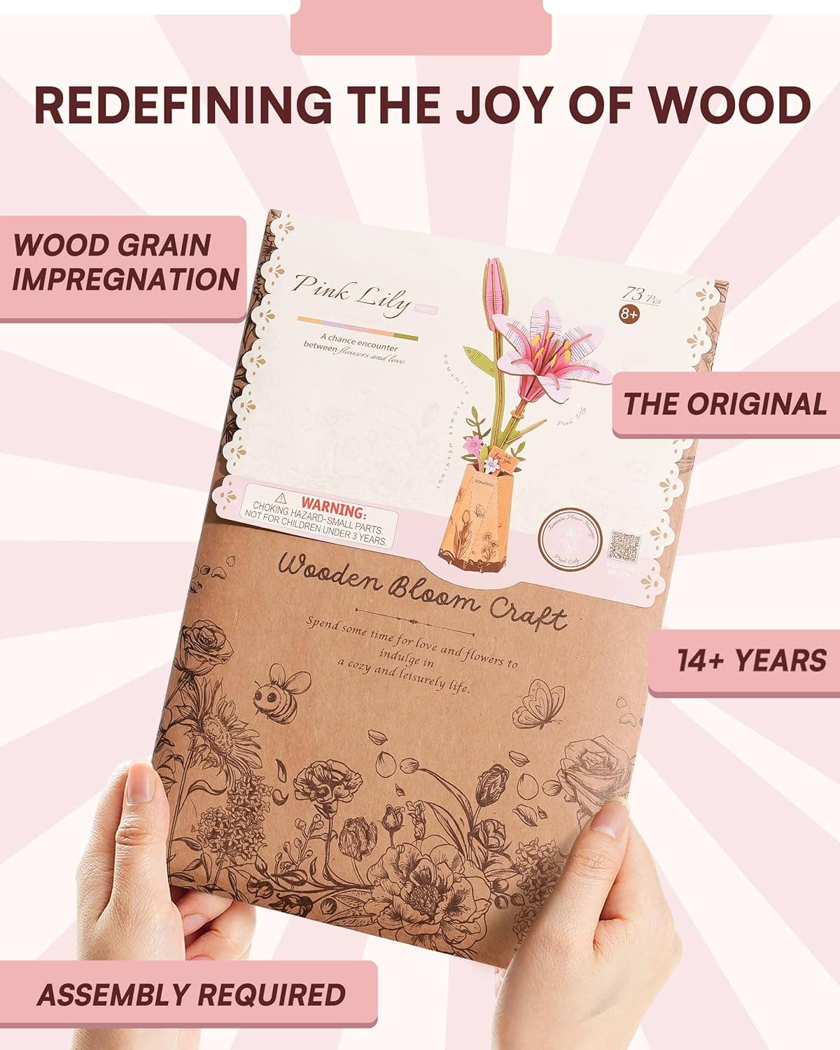 TW071 Ramo de flores de madera 3D de lirio rosa para hacer tú mismo