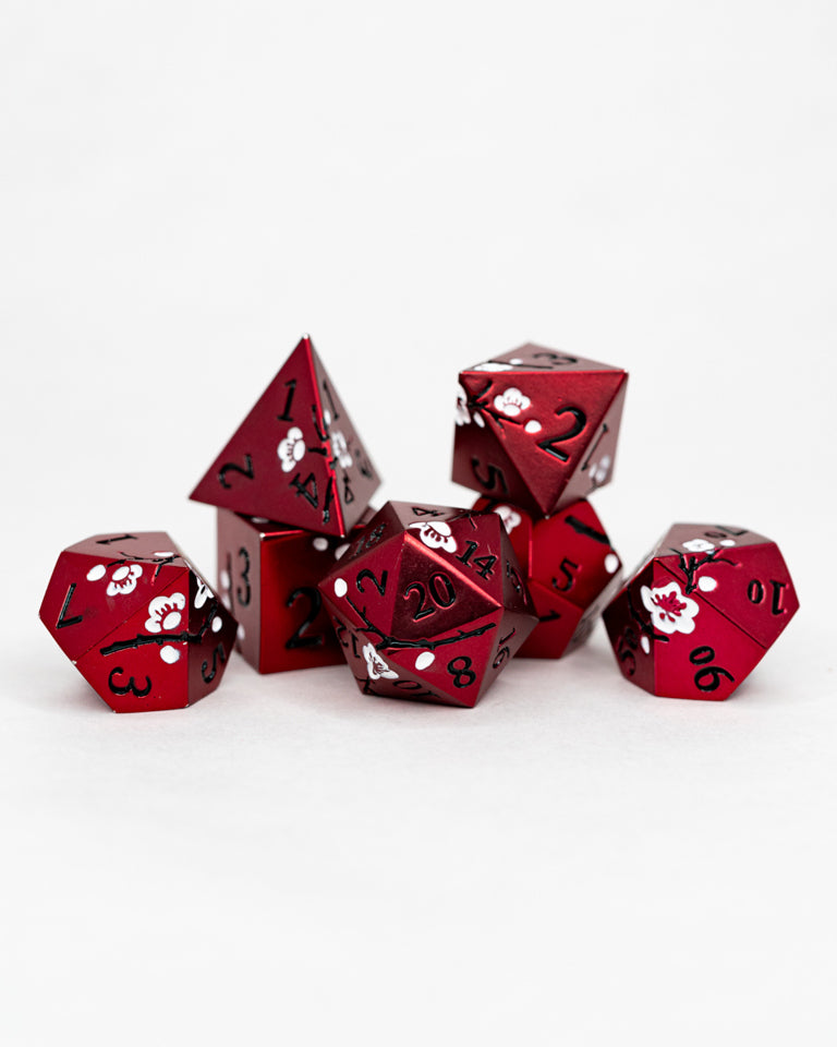 Mirai | Etched Flowers | 7 Piece Metal Dice Set - Emberglow Gaming