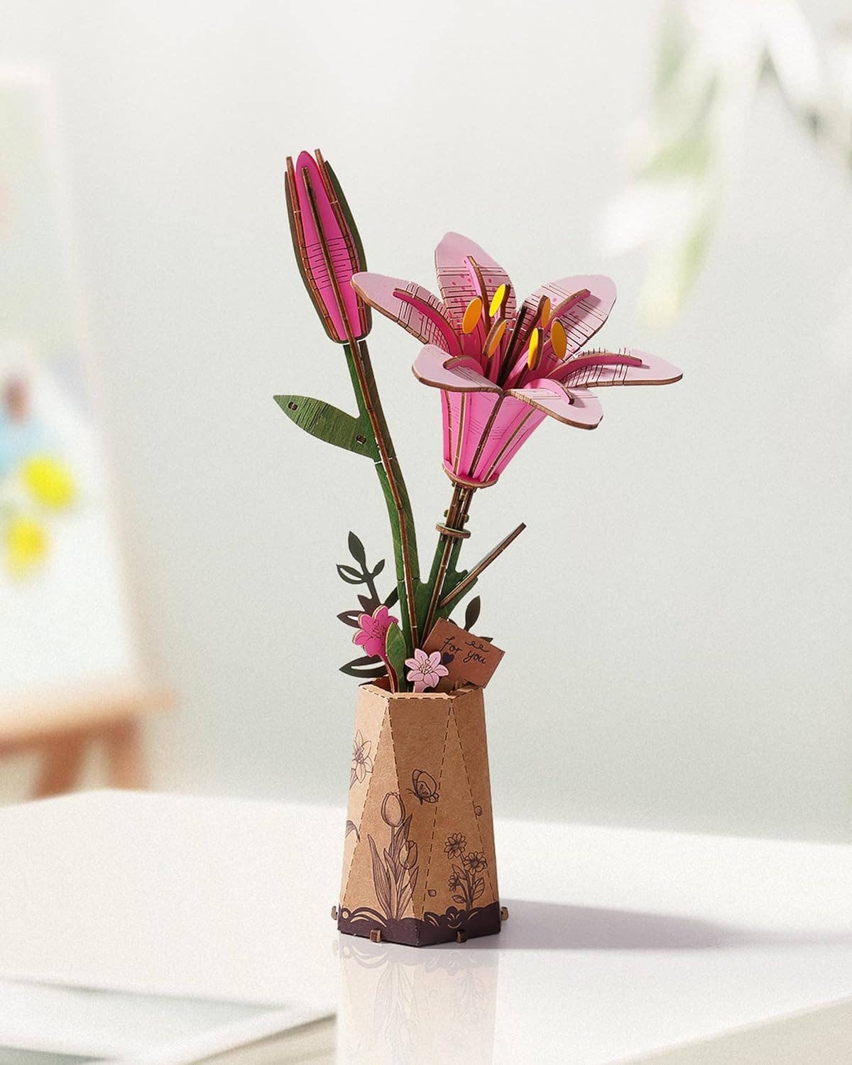 TW071 Pink Lily Rowood DIY Wooden Flower Bouquet 3D