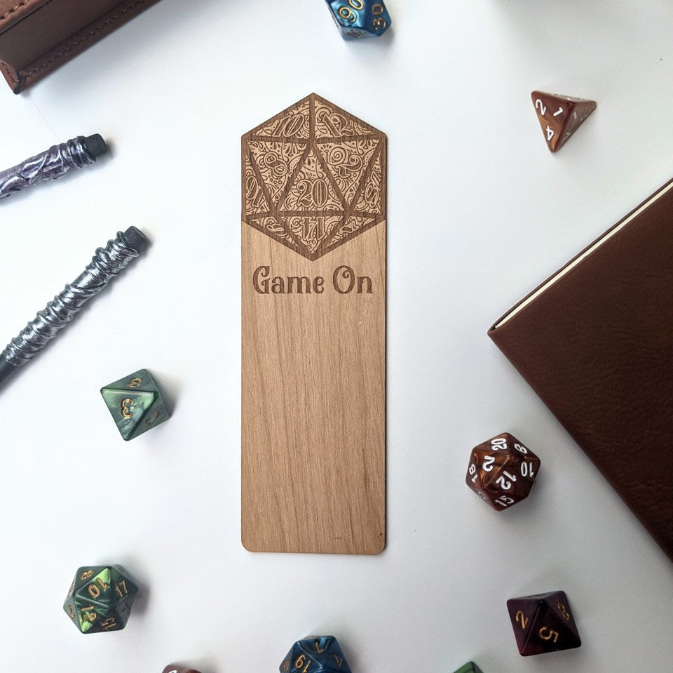 D20 Game On | Engraved Wooden Bookmark - Emberglow Gaming