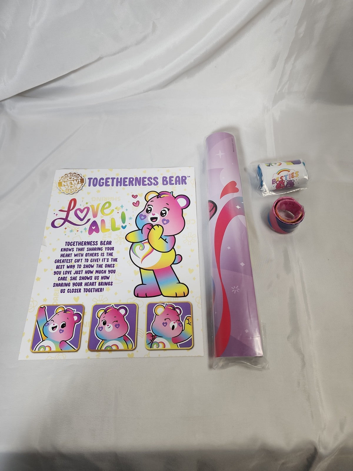 Care Bears Togetherness Bear Plush W/Sticker Roll,Slap Bracelet & Poster,JJ-B-032