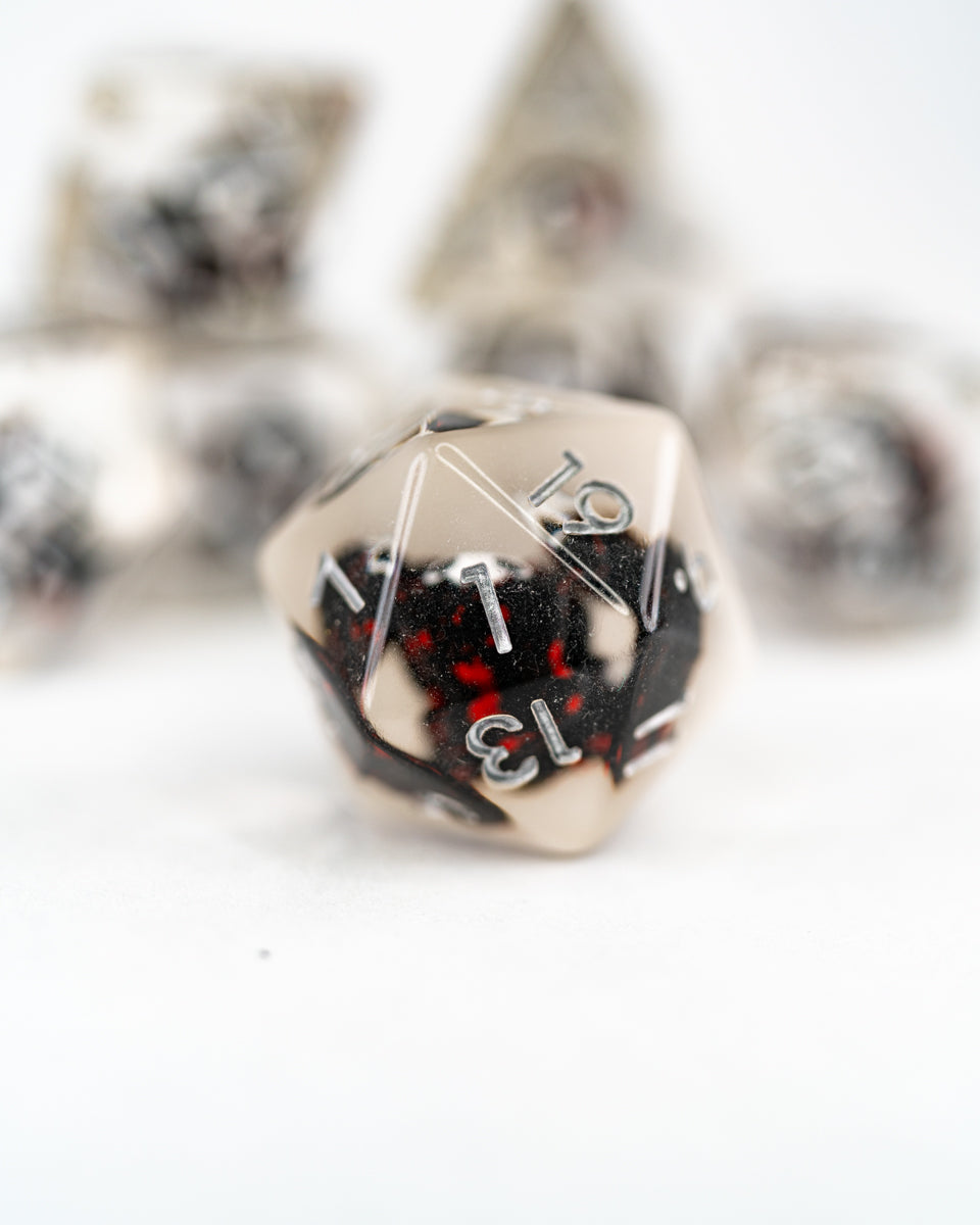 Grimmy Reaps | Grim Reaper | 7 Piece Acrylic Inclusion Dice Set - Emberglow Gaming