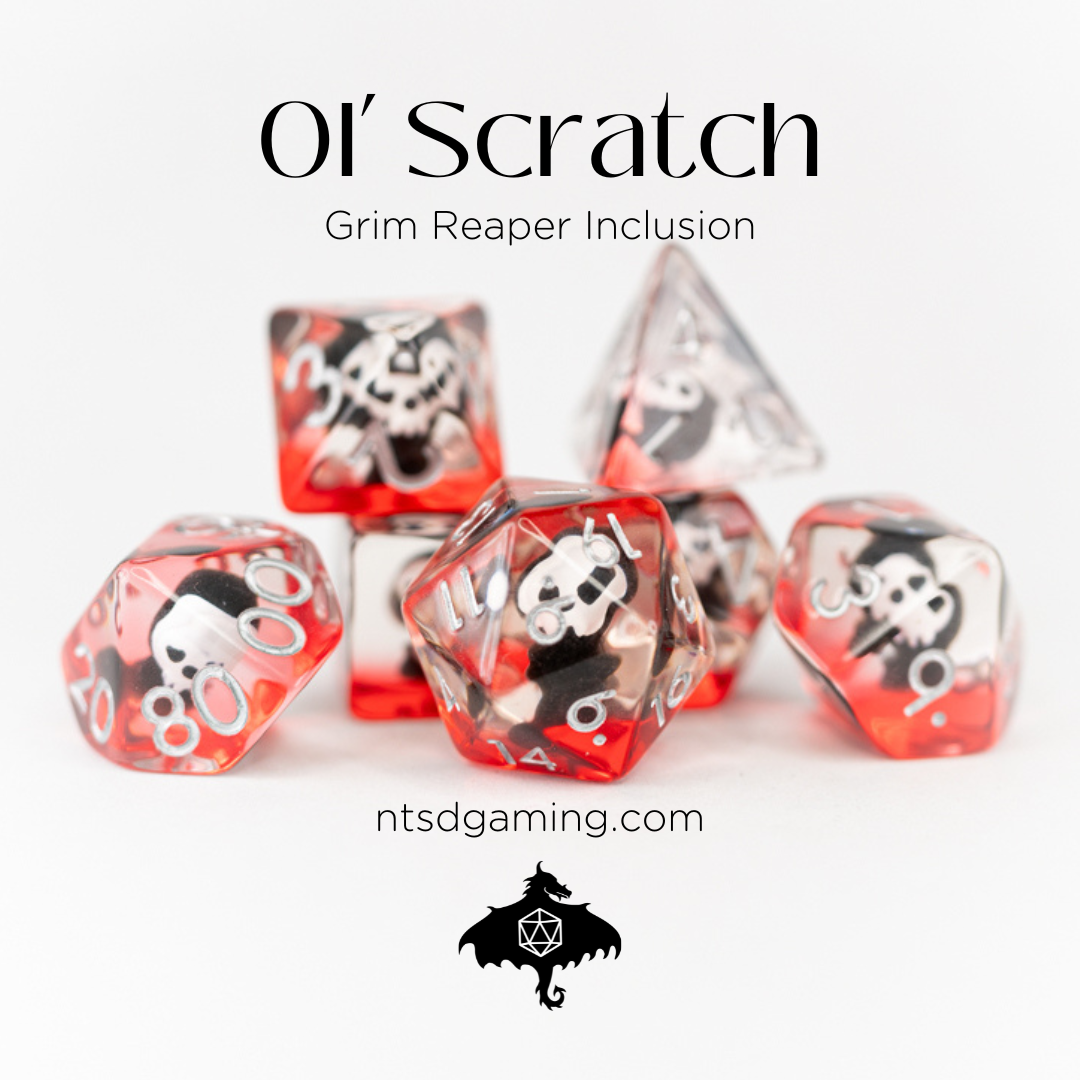 Ol' Scratch | Grim Reaper | 7 Piece Acrylic Inclusion Dice Set - Emberglow Gaming