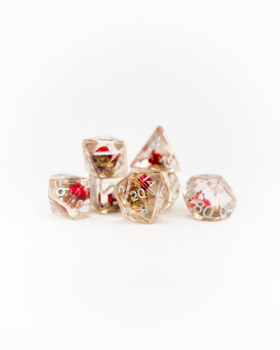 Rosehip and Wheat | 7 Piece Acrylic Inclusion Dice Set - Emberglow Gaming