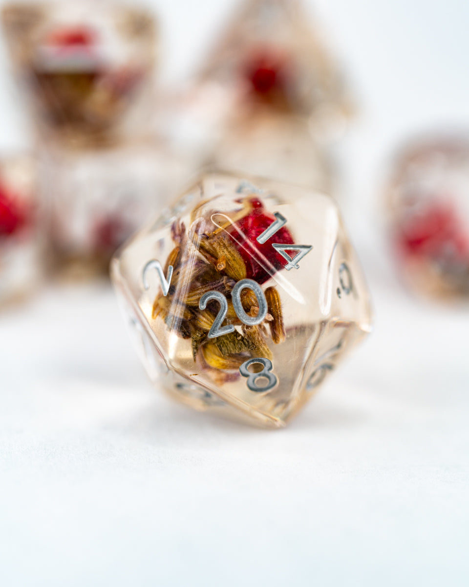 Rosehip and Wheat | 7 Piece Acrylic Inclusion Dice Set - Emberglow Gaming