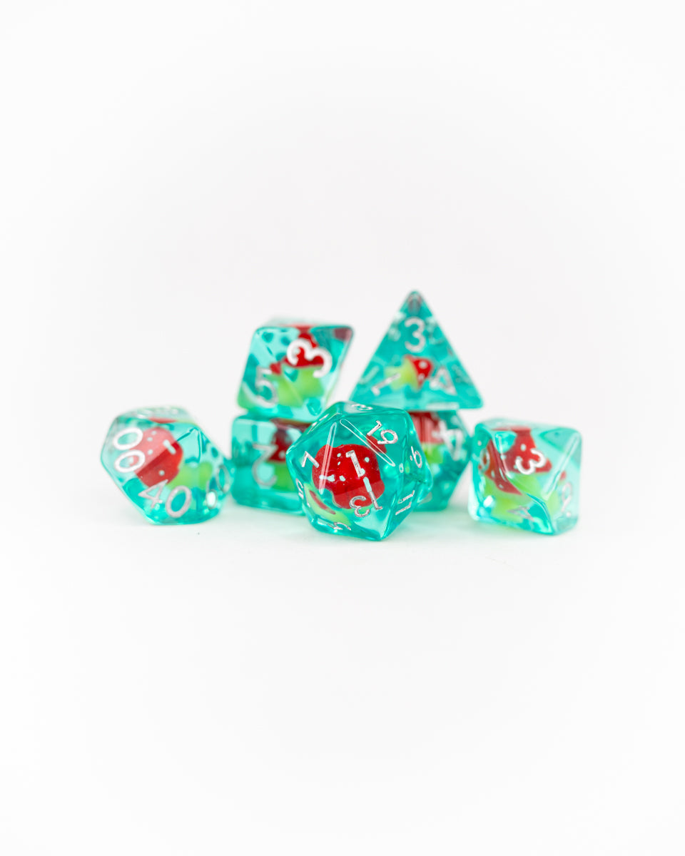 Shroom and Gloom | Toadstool | 7 Piece Acrylic Inclusion Dice Set - Emberglow Gaming