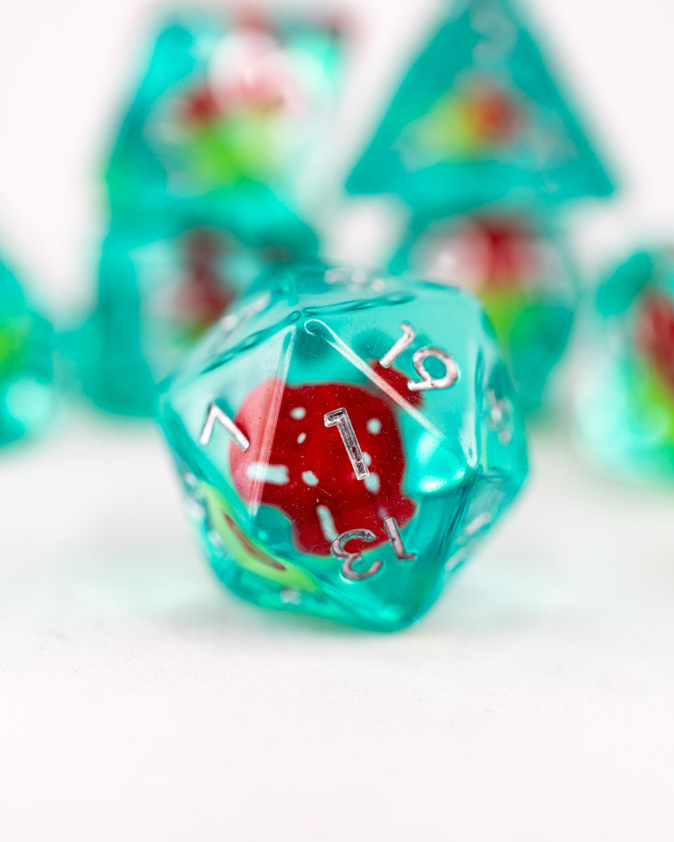 Shroom and Gloom | Toadstool | 7 Piece Acrylic Inclusion Dice Set - Emberglow Gaming