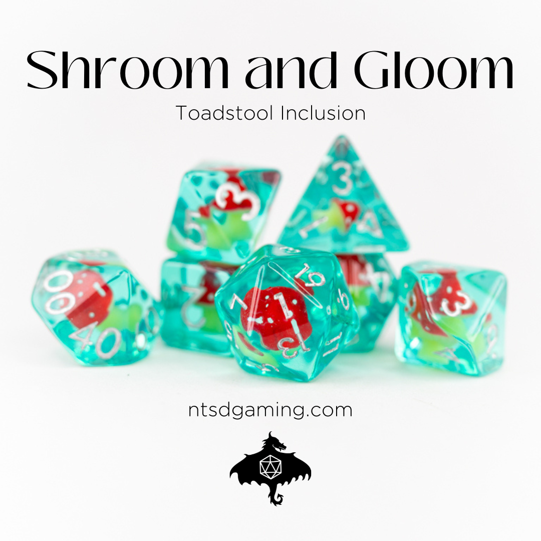 Shroom and Gloom | Toadstool | 7 Piece Acrylic Inclusion Dice Set - Emberglow Gaming