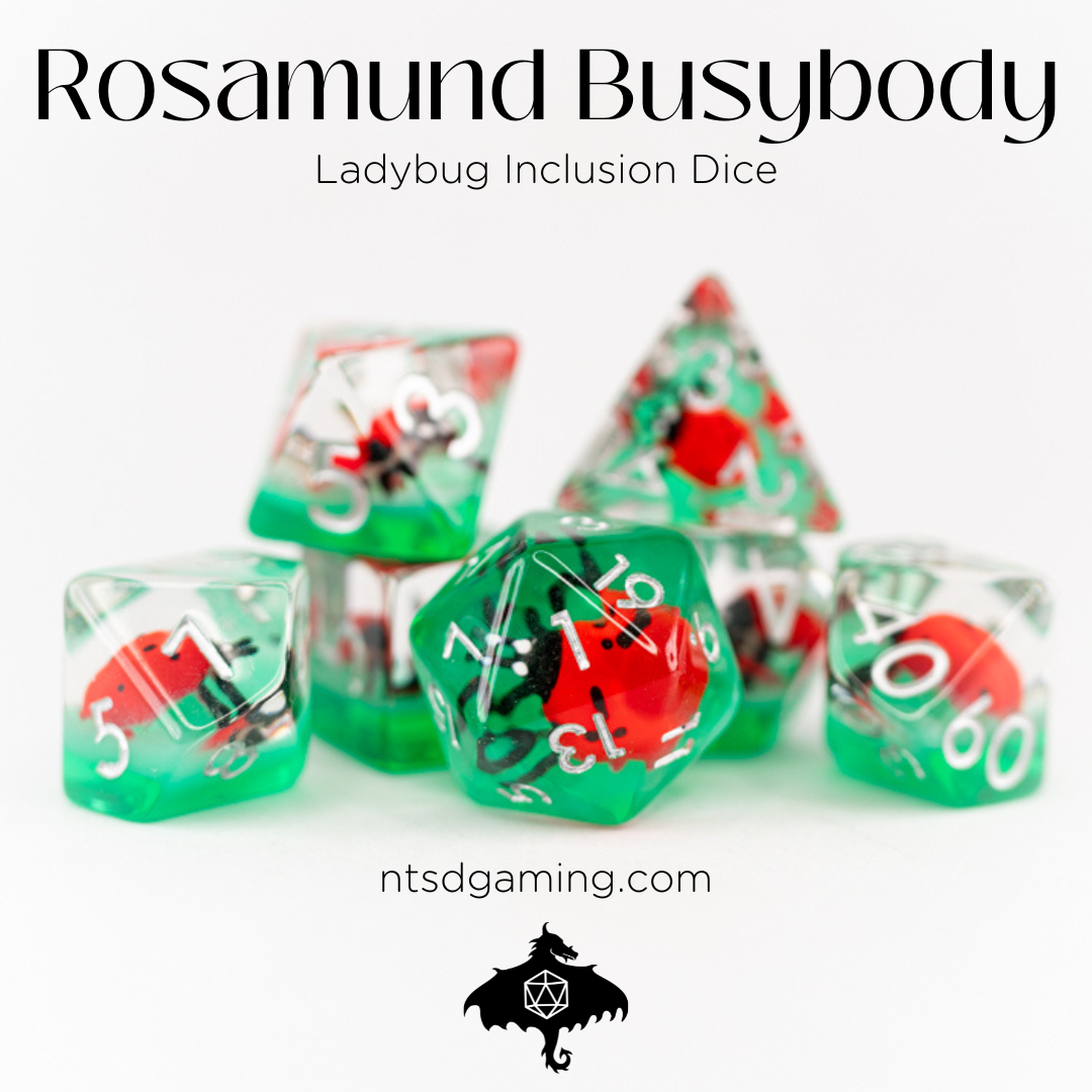 Rosamund Busybody | Ladybug | 7 Piece Acrylic Inclusion Dice Set - Emberglow Gaming