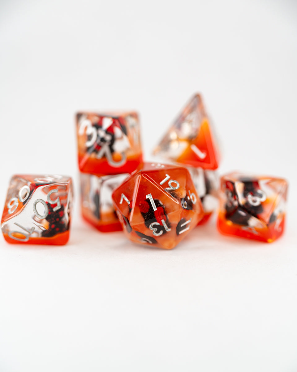 Mephistopheles | Devil Cat | 7 Piece Acrylic Inclusion Dice Set - Emberglow Gaming