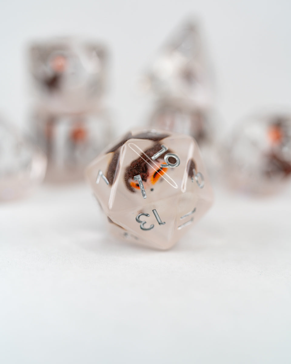 Glimfeather | Owl | 7 Piece Acrylic Inclusion Dice Set - Emberglow Gaming