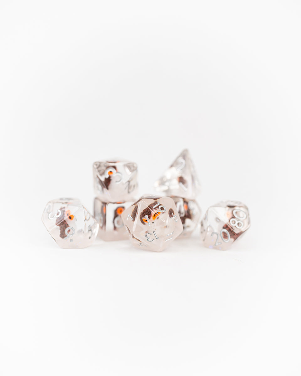 Glimfeather | Owl | 7 Piece Acrylic Inclusion Dice Set - Emberglow Gaming