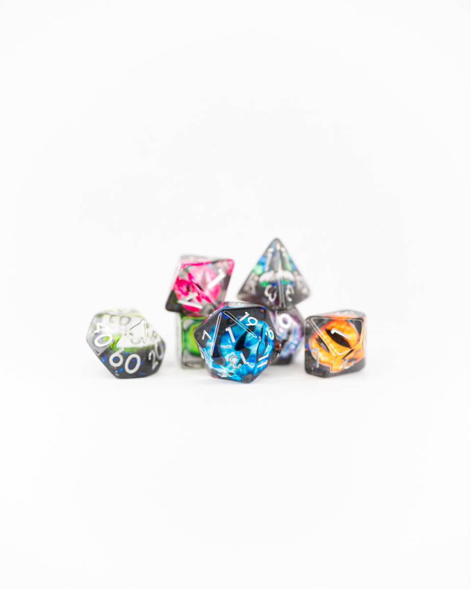 The Watchers | Multi-hued Eye | 7 Piece Acrylic Inclusion Dice Set - Emberglow Gaming