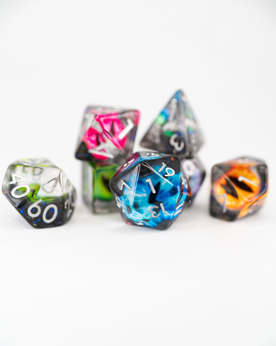 The Watchers | Multi-hued Eye | 7 Piece Acrylic Inclusion Dice Set - Emberglow Gaming