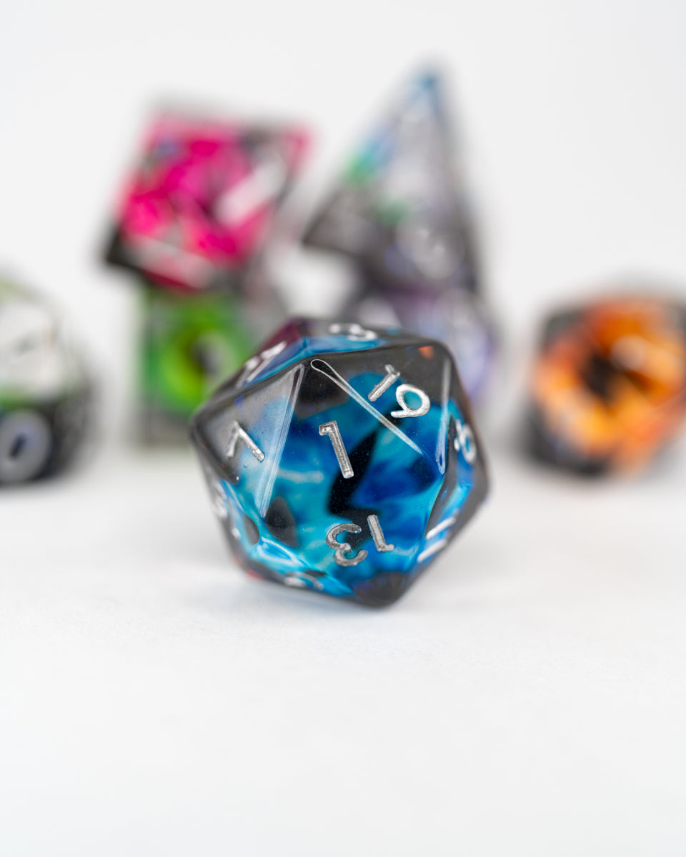 The Watchers | Multi-hued Eye | 7 Piece Acrylic Inclusion Dice Set - Emberglow Gaming