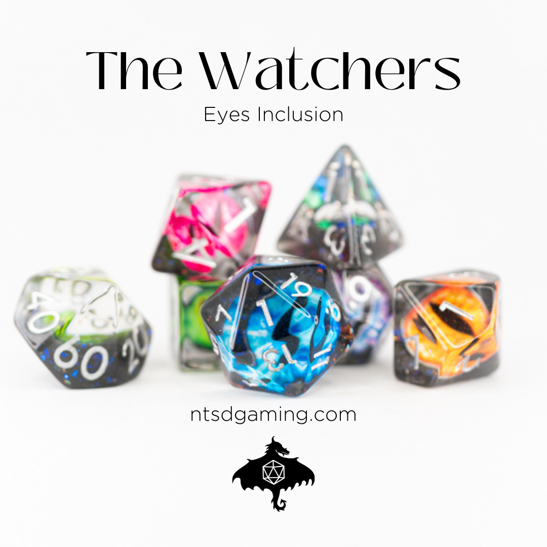 The Watchers | Multi-hued Eye | 7 Piece Acrylic Inclusion Dice Set - Emberglow Gaming
