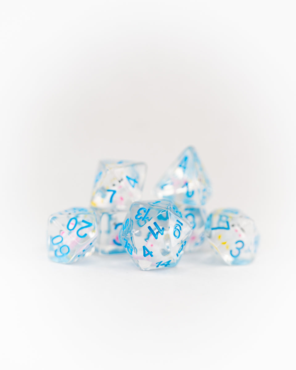 Mr Toots | Unicorn | 7 Piece Acrylic Inclusion Dice Set - Emberglow Gaming