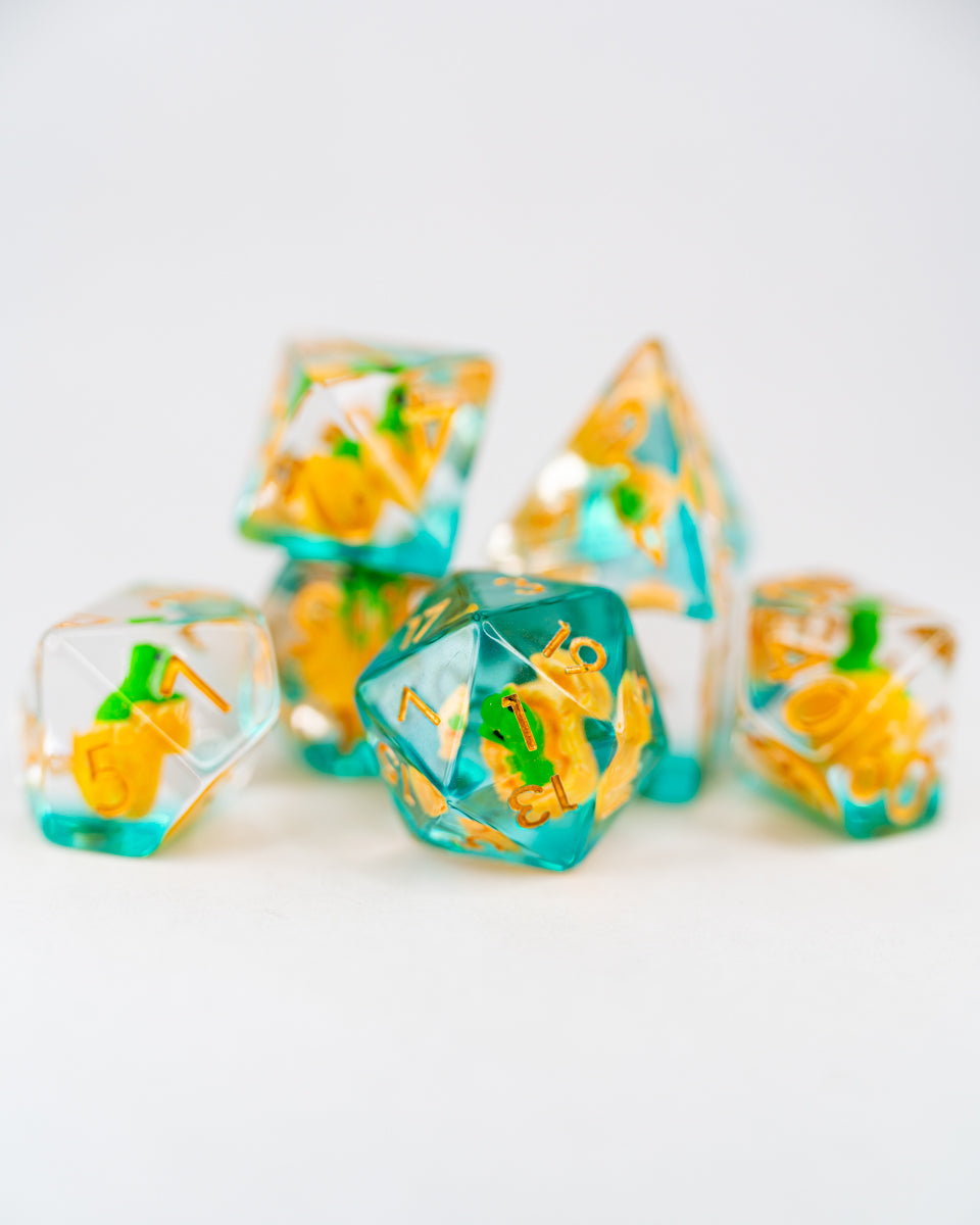 Chomper | Dino Egg | 7 Piece Acrylic Inclusion Dice Set - Emberglow Gaming