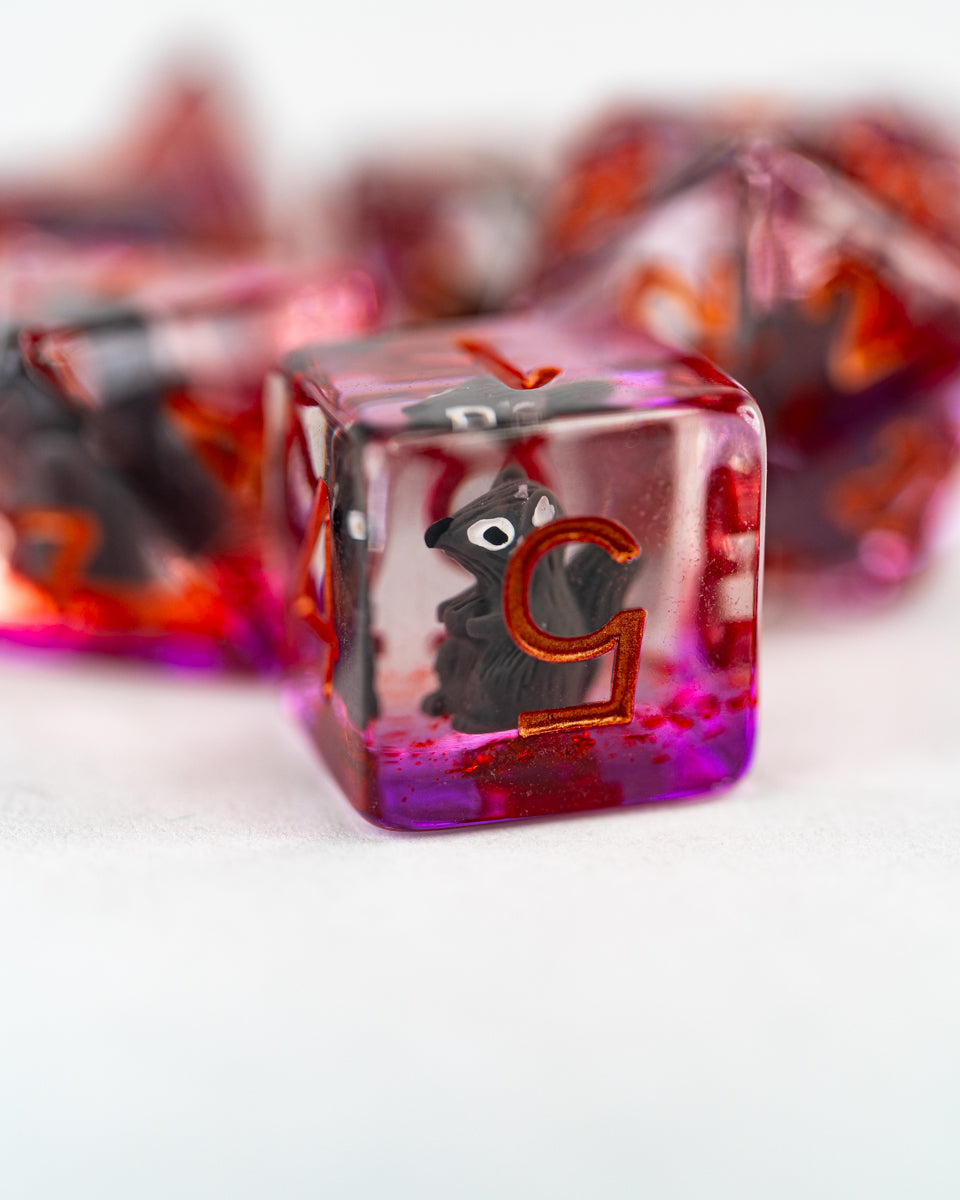 Nutkin | Squirrel | 7 Piece Acrylic Inclusion Dice Set - Emberglow Gaming