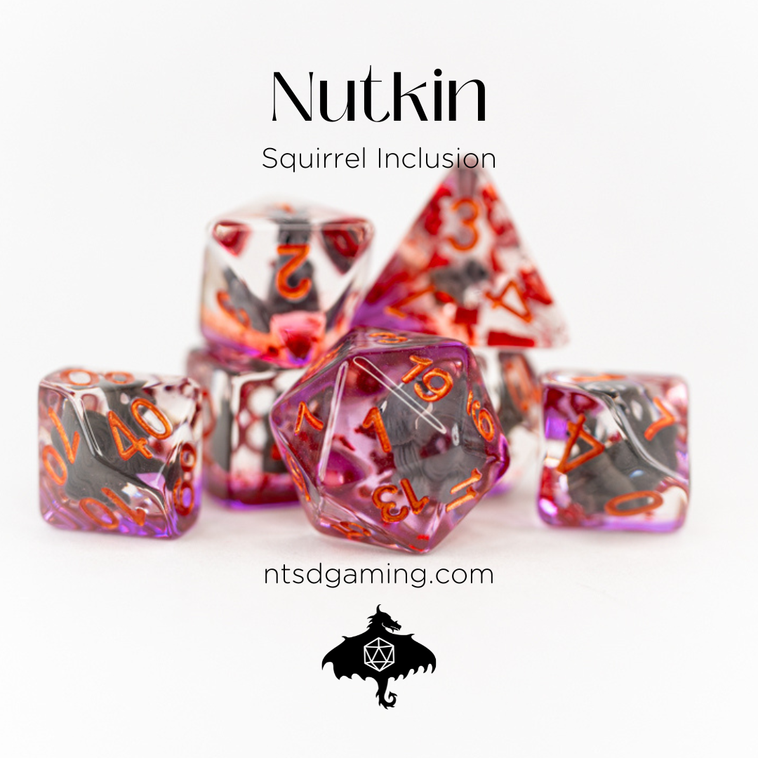 Nutkin | Squirrel | 7 Piece Acrylic Inclusion Dice Set - Emberglow Gaming