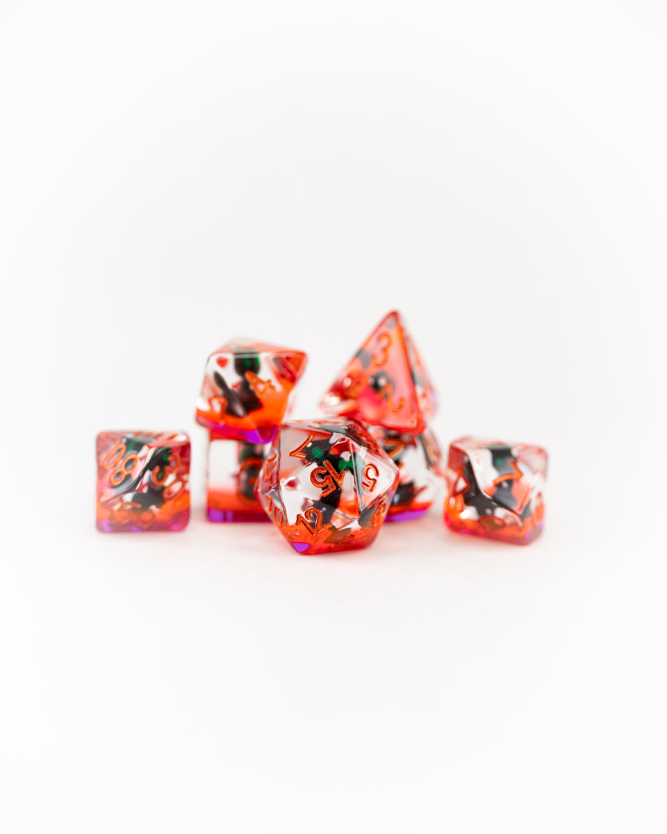 Decimus, the Undead Cat | 7 Piece Acrylic Inclusion Dice Set - Emberglow Gaming