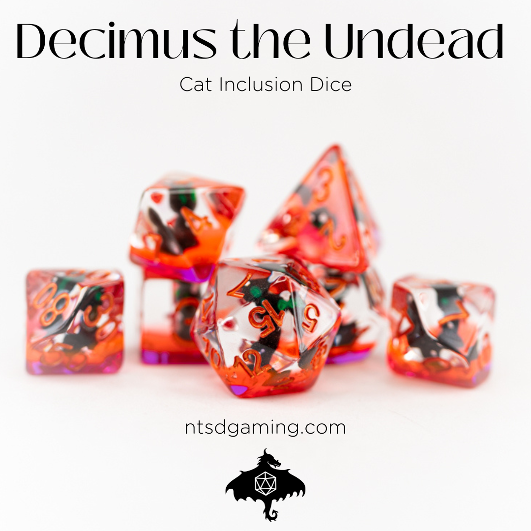 Decimus, the Undead Cat | 7 Piece Acrylic Inclusion Dice Set - Emberglow Gaming