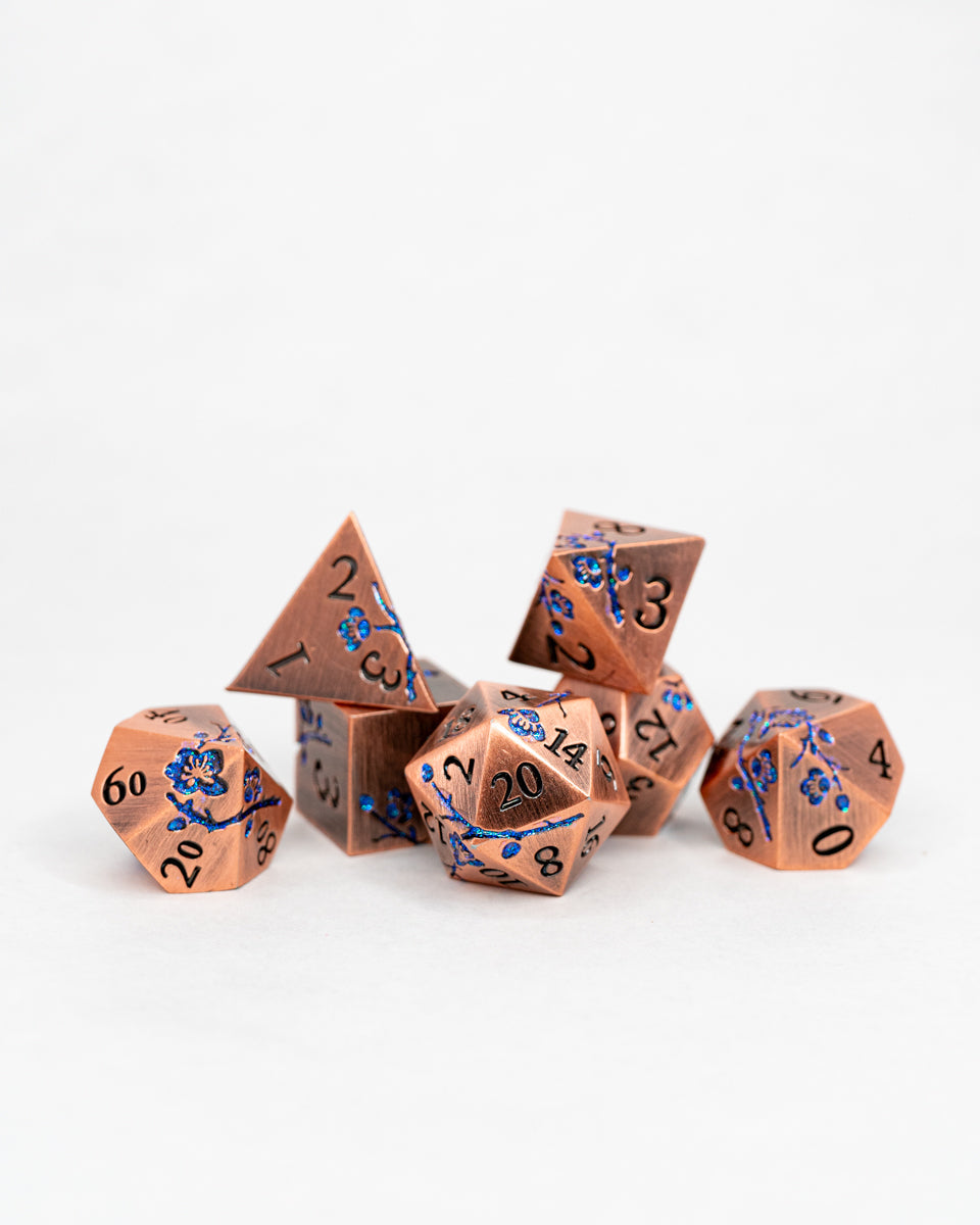 Gilded Lily | Etched Flowers | 7 Piece Metal Dice Set - Emberglow Gaming