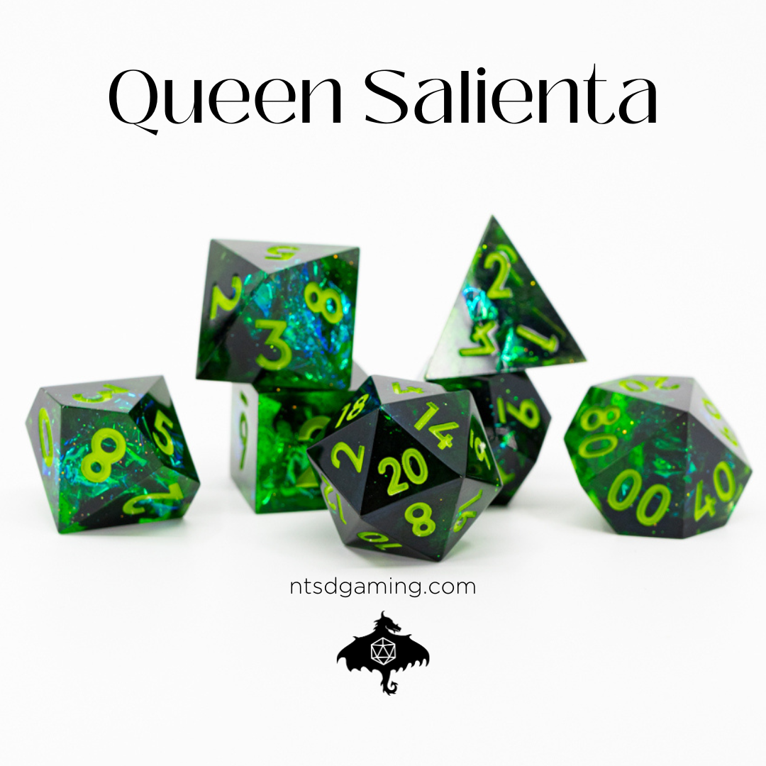 Queen Salienta | 7 Piece Sharp Edge Resin Dice Set - Emberglow Gaming