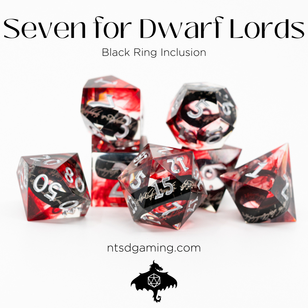 Seven for Dwarf Lords | Ring Inclusion | 7 Piece Sharp Edge Resin Dice Set - Emberglow Gaming