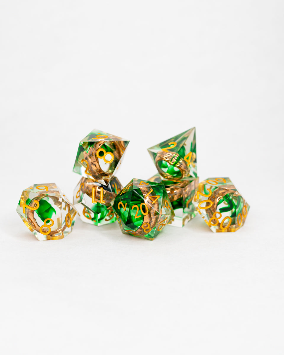 Three for Elven Kings | Ring Inclusion | 7 Piece Sharp Edge Resin Dice Set - Emberglow Gaming