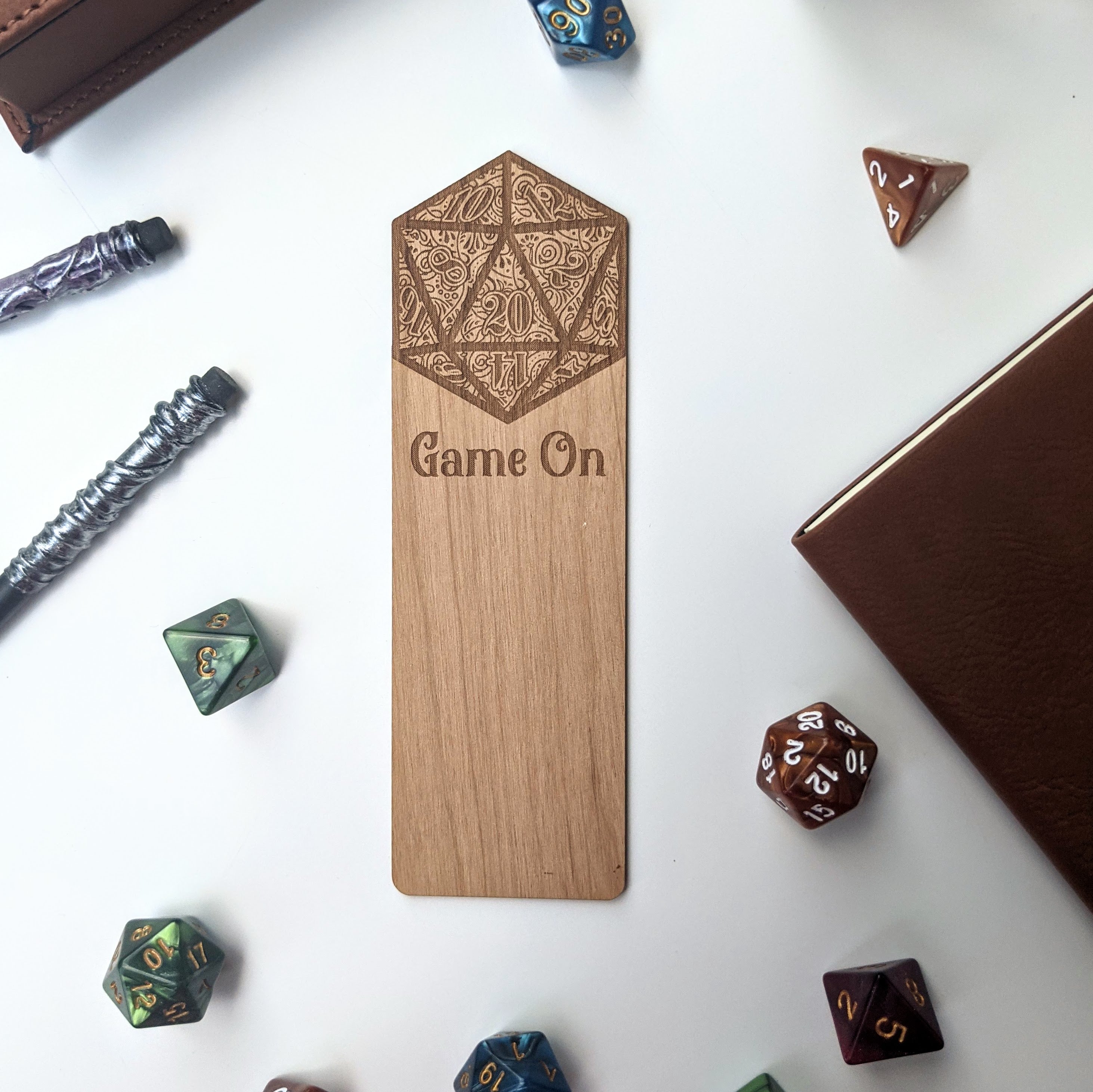 D20 Game On | Engraved Wooden Bookmark - Emberglow Gaming