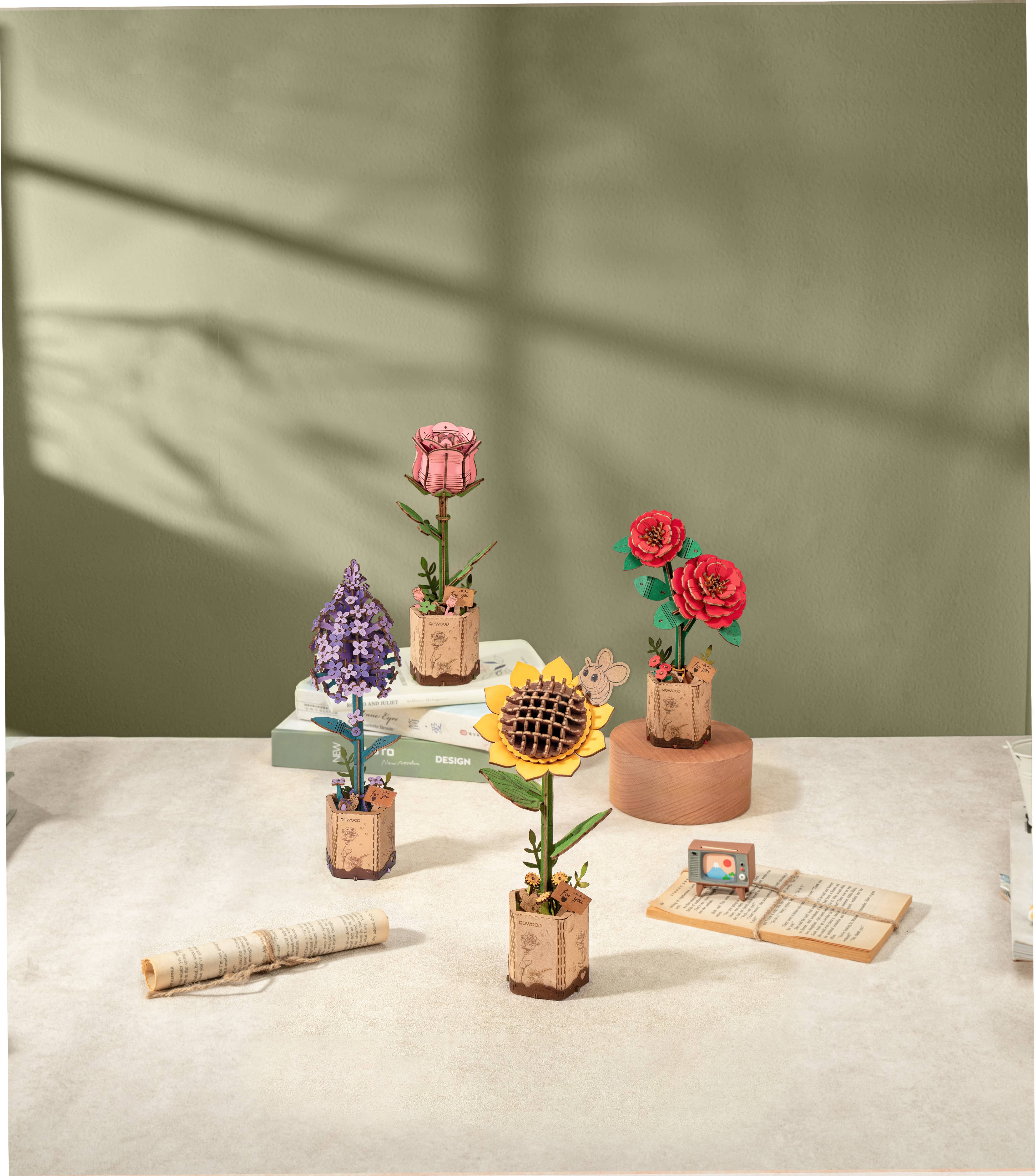 TW021 Rompecabezas 3D de flores de madera para armar en Rowood, color lila