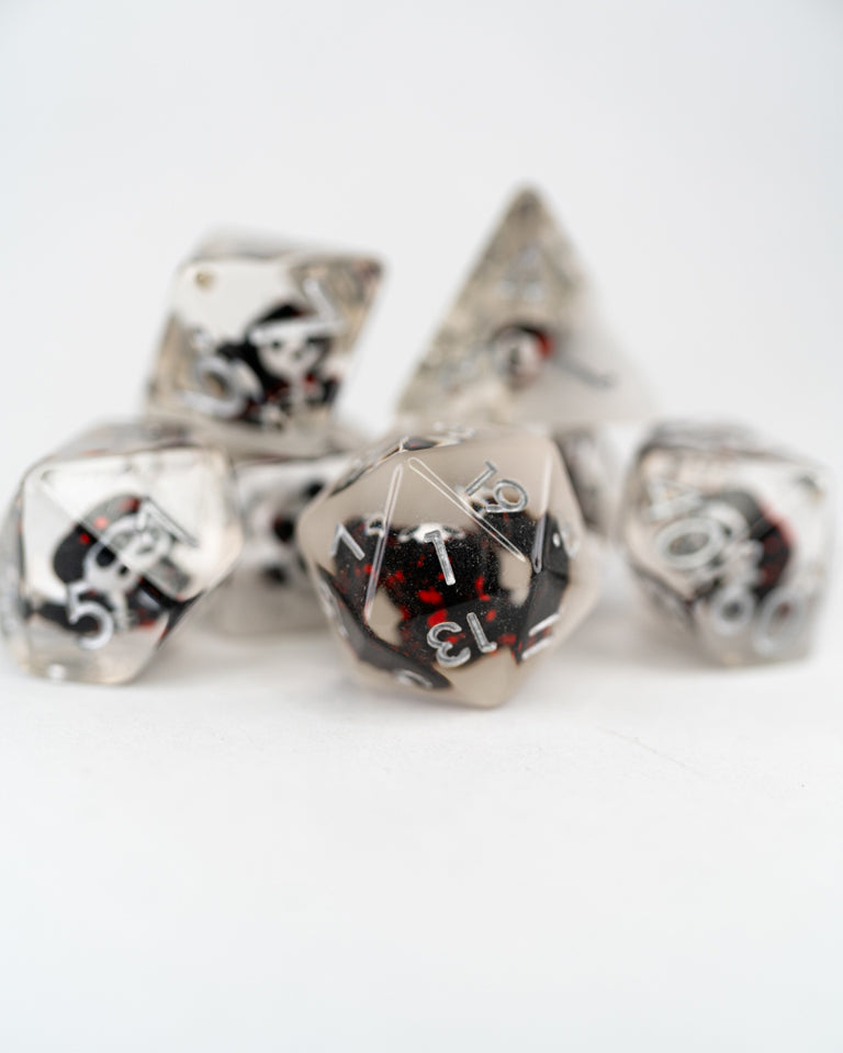Grimmy Reaps | Grim Reaper | 7 Piece Acrylic Inclusion Dice Set - Emberglow Gaming