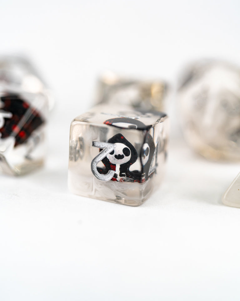 Grimmy Reaps | Grim Reaper | 7 Piece Acrylic Inclusion Dice Set - Emberglow Gaming
