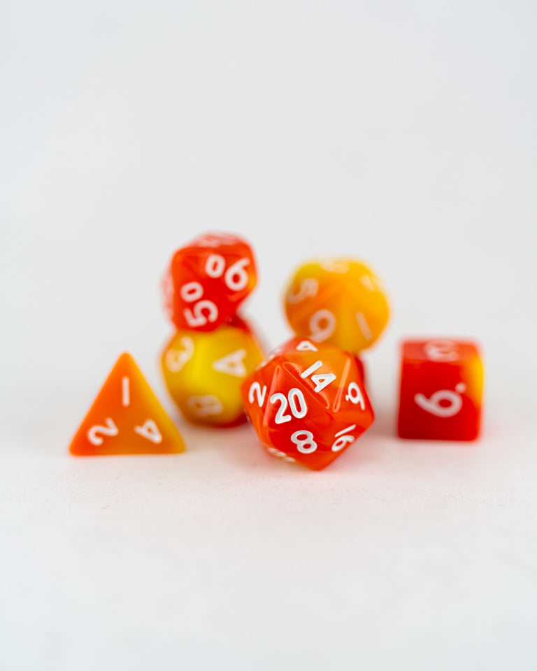 Flameseed | 7 Piece Mini Acrylic Polyhedral Dice Set - Emberglow Gaming