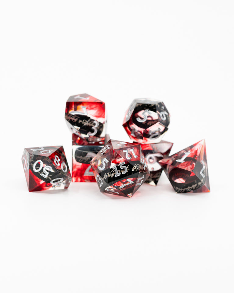 Seven for Dwarf Lords | Ring Inclusion | 7 Piece Sharp Edge Resin Dice Set - Emberglow Gaming