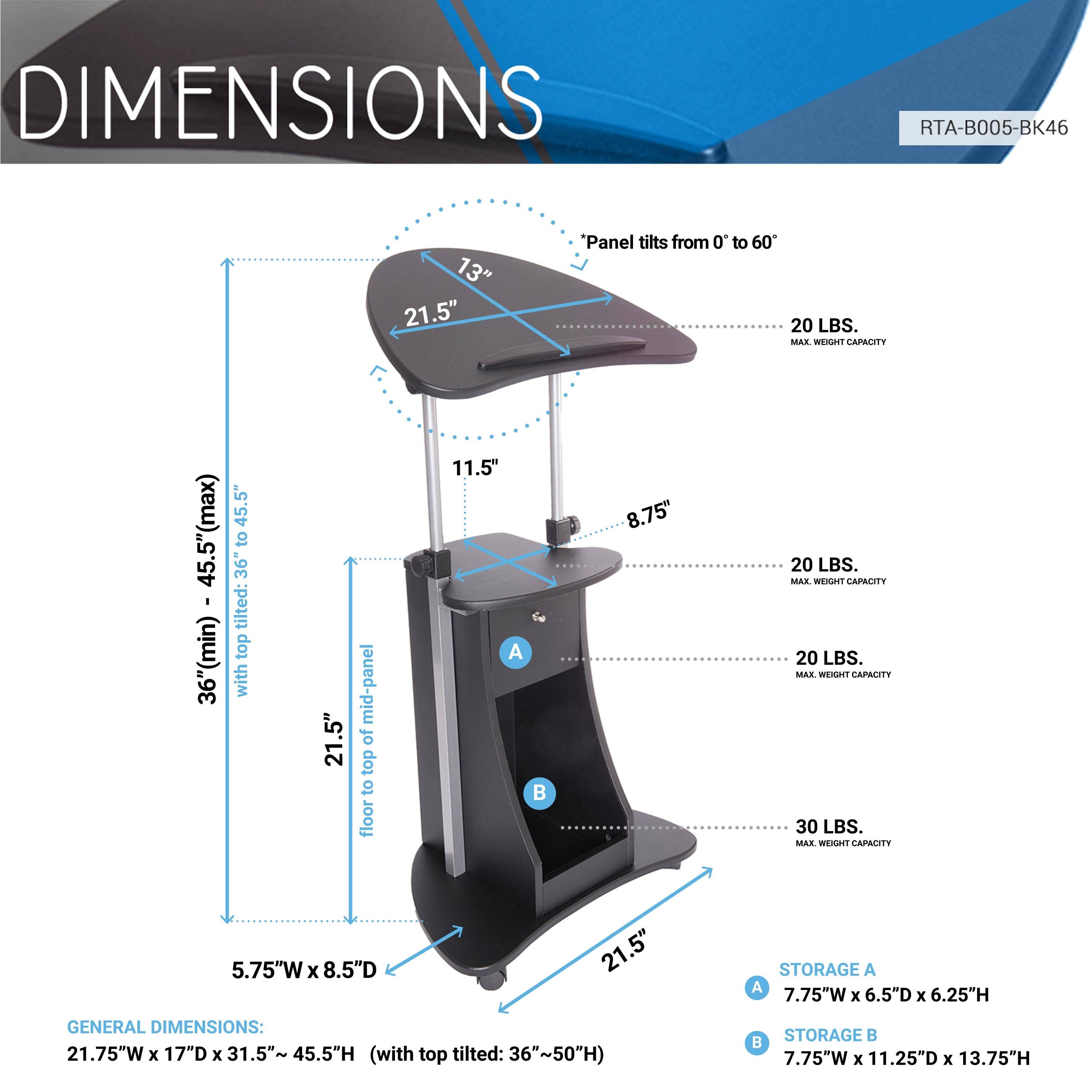 Sit-to-Stand Rolling Adjustable Laptop Cart With Storage