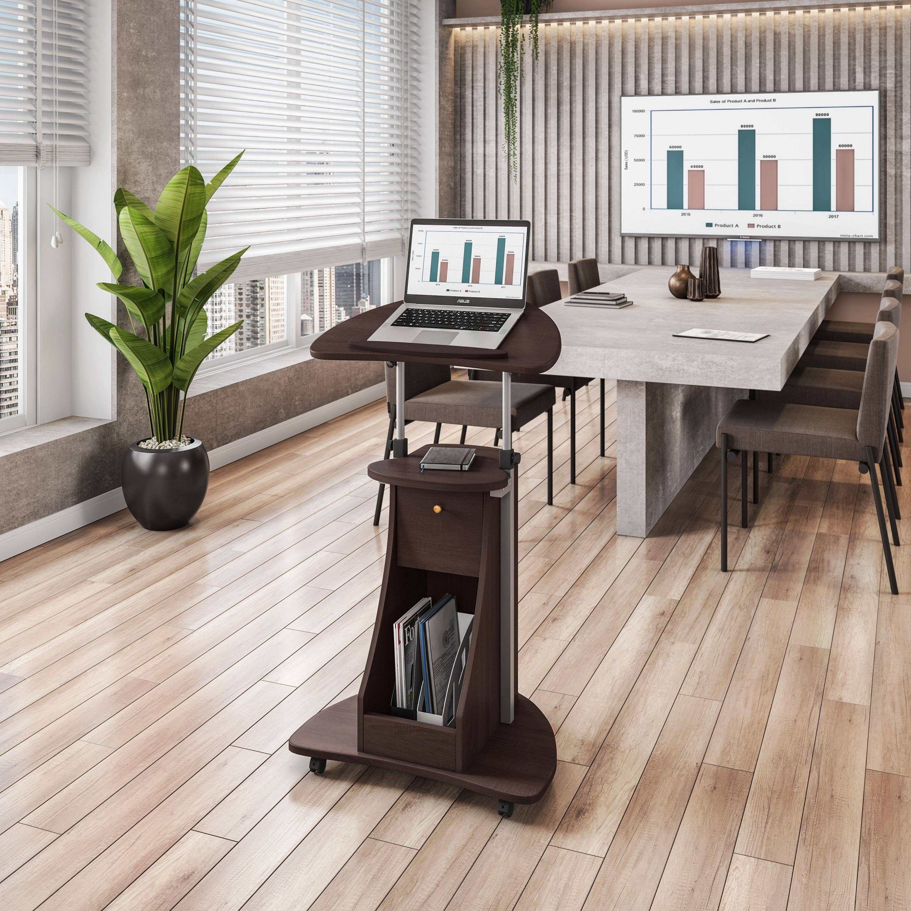 Sit-to-Stand Rolling Adjustable Laptop Cart With Storage
