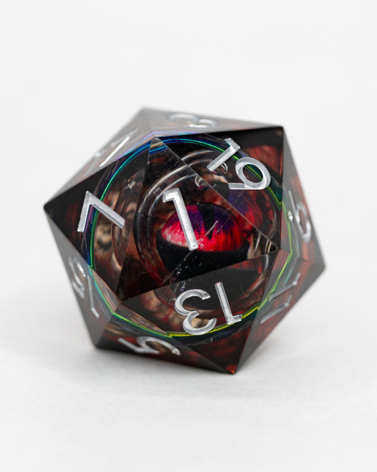 And In The Darkness Bind Them | Ring Inclusion with Watching Eye | 33MM Sharp Edge D20 - Emberglow Gaming