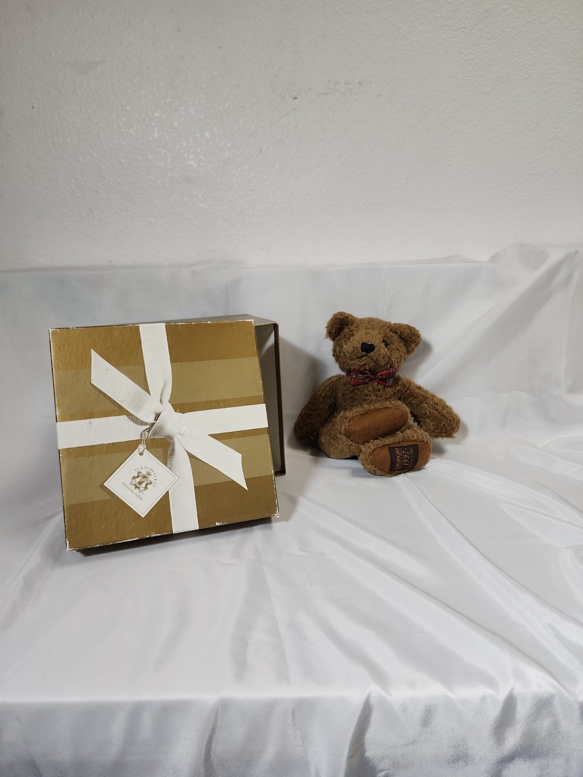 Giorgio Armani Holiday Teddy Bear 1997 with plaid bow and original box,JJ-B-330