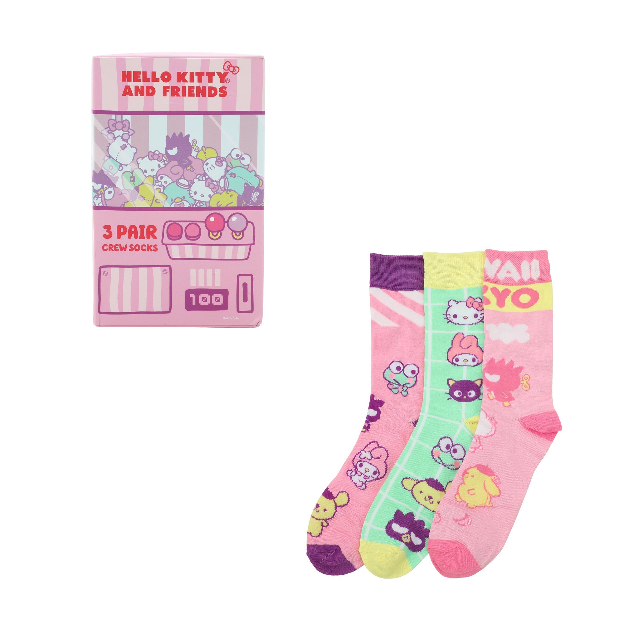 Hello Kitty & Friends Character Art Adult 3-Pair Casual Crew Socks Box Set