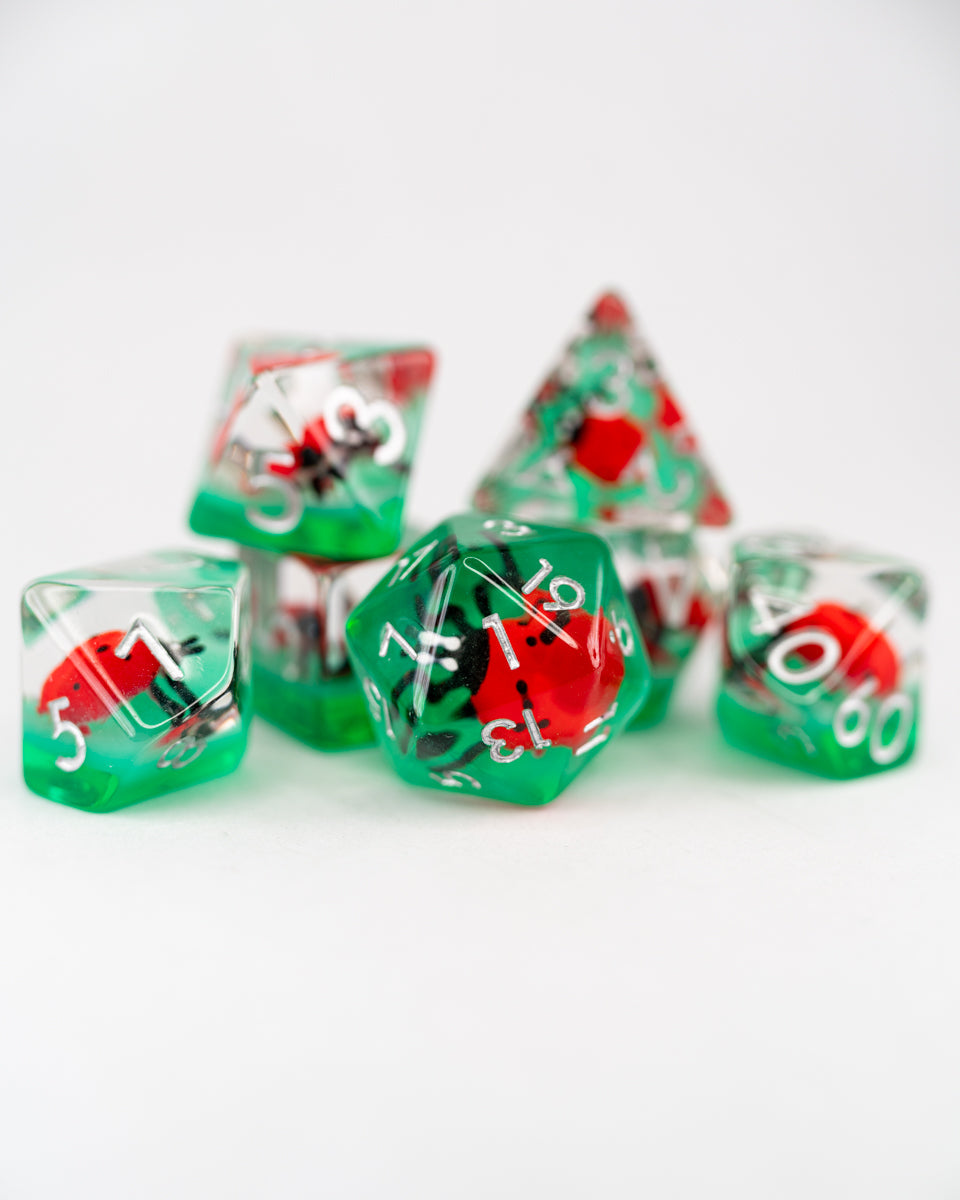 Rosamund Busybody | Ladybug | 7 Piece Acrylic Inclusion Dice Set - Emberglow Gaming