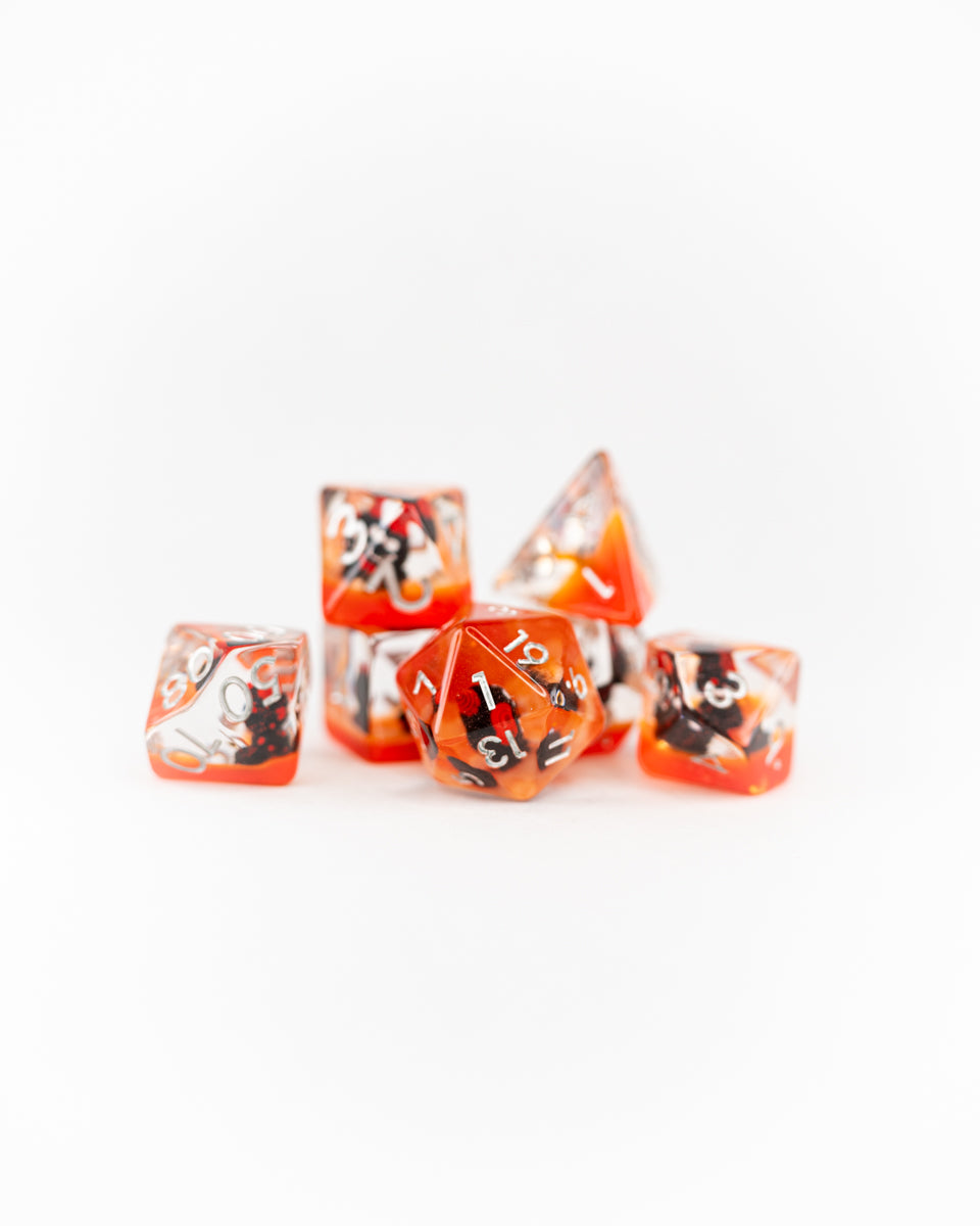 Mephistopheles | Devil Cat | 7 Piece Acrylic Inclusion Dice Set - Emberglow Gaming