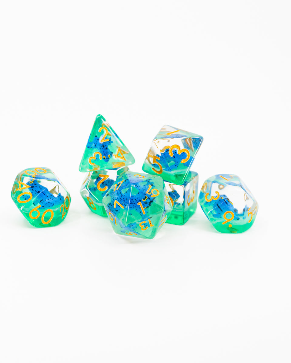 Puddles | Blue Frog | 7 Piece Acrylic Inclusion Dice Set - Emberglow Gaming