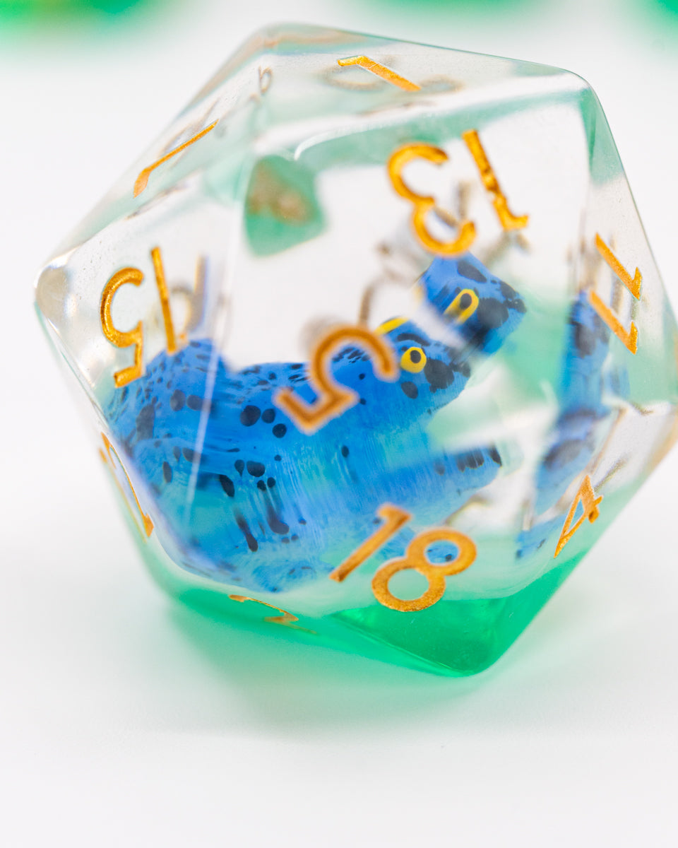 Puddles | Blue Frog | 7 Piece Acrylic Inclusion Dice Set - Emberglow Gaming