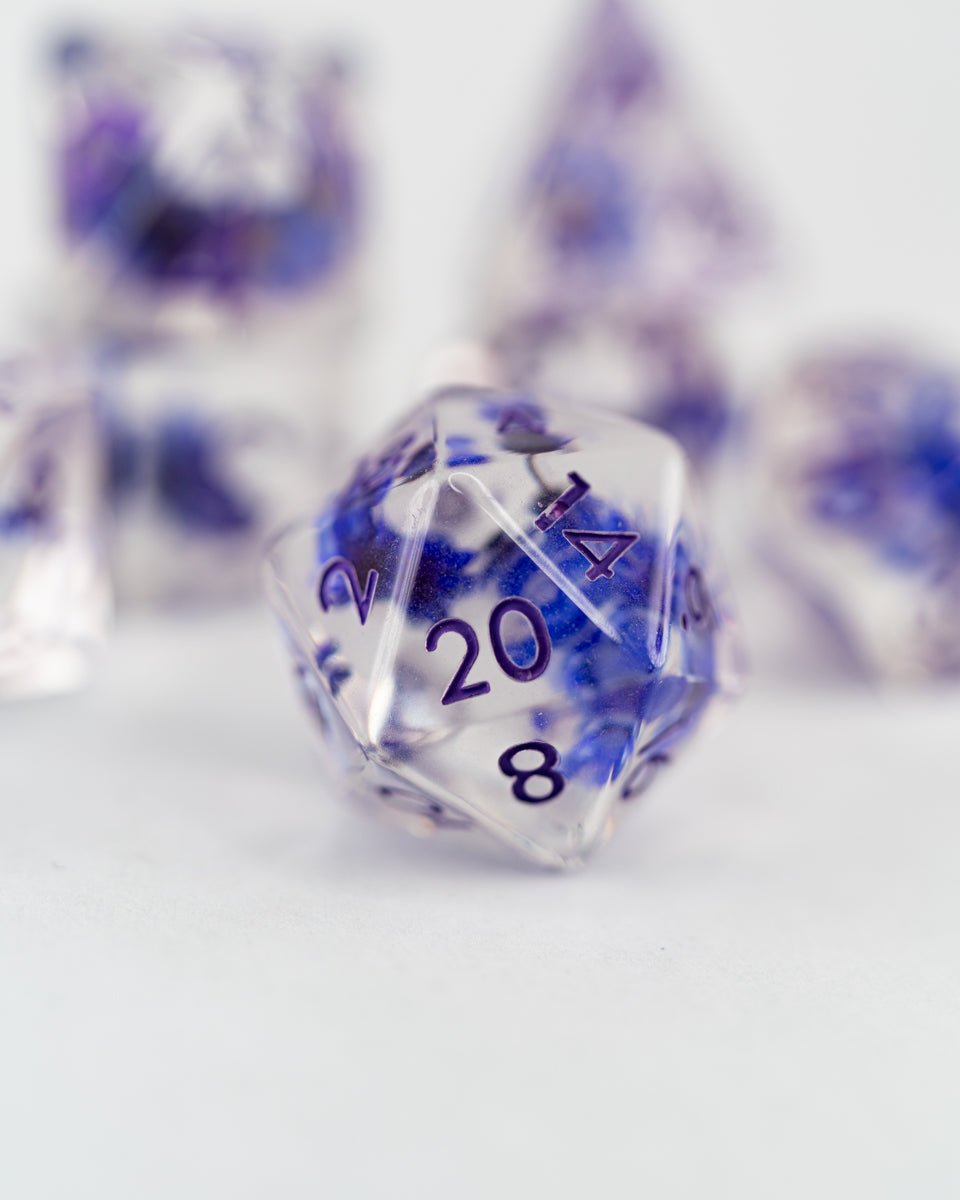 Monkshood | Blue Flower | 7 Piece Acrylic Inclusion Dice Set - Emberglow Gaming
