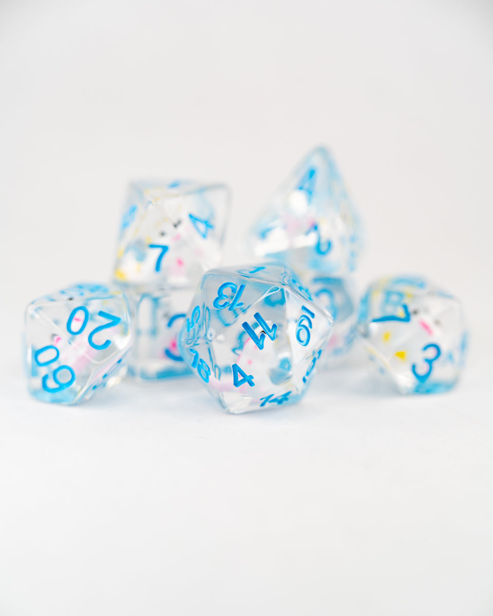 Mr Toots | Unicorn | 7 Piece Acrylic Inclusion Dice Set - Emberglow Gaming