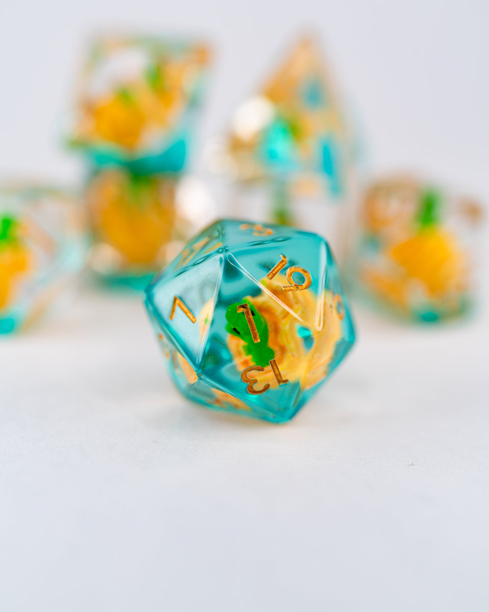 Chomper | Dino Egg | 7 Piece Acrylic Inclusion Dice Set - Emberglow Gaming