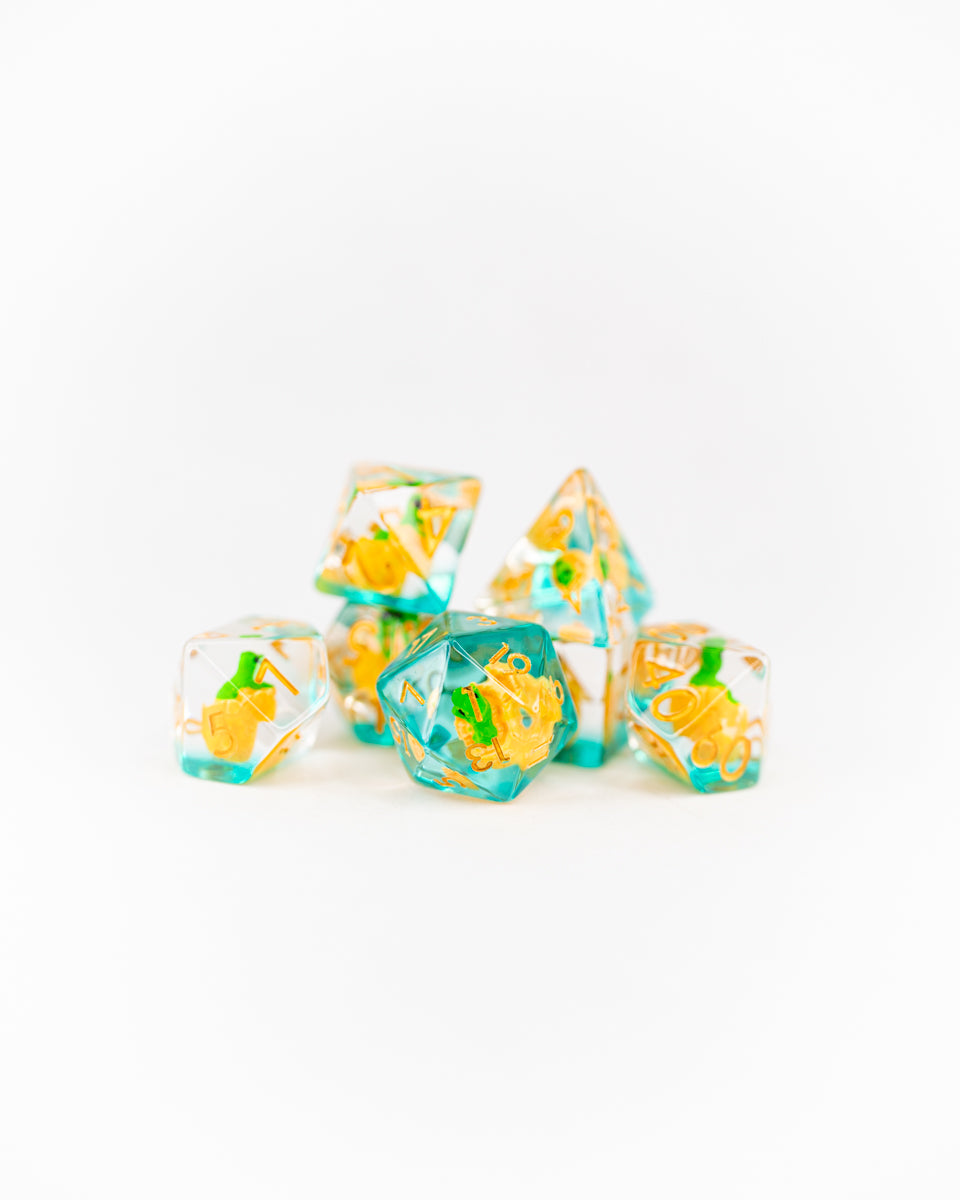 Chomper | Dino Egg | 7 Piece Acrylic Inclusion Dice Set - Emberglow Gaming
